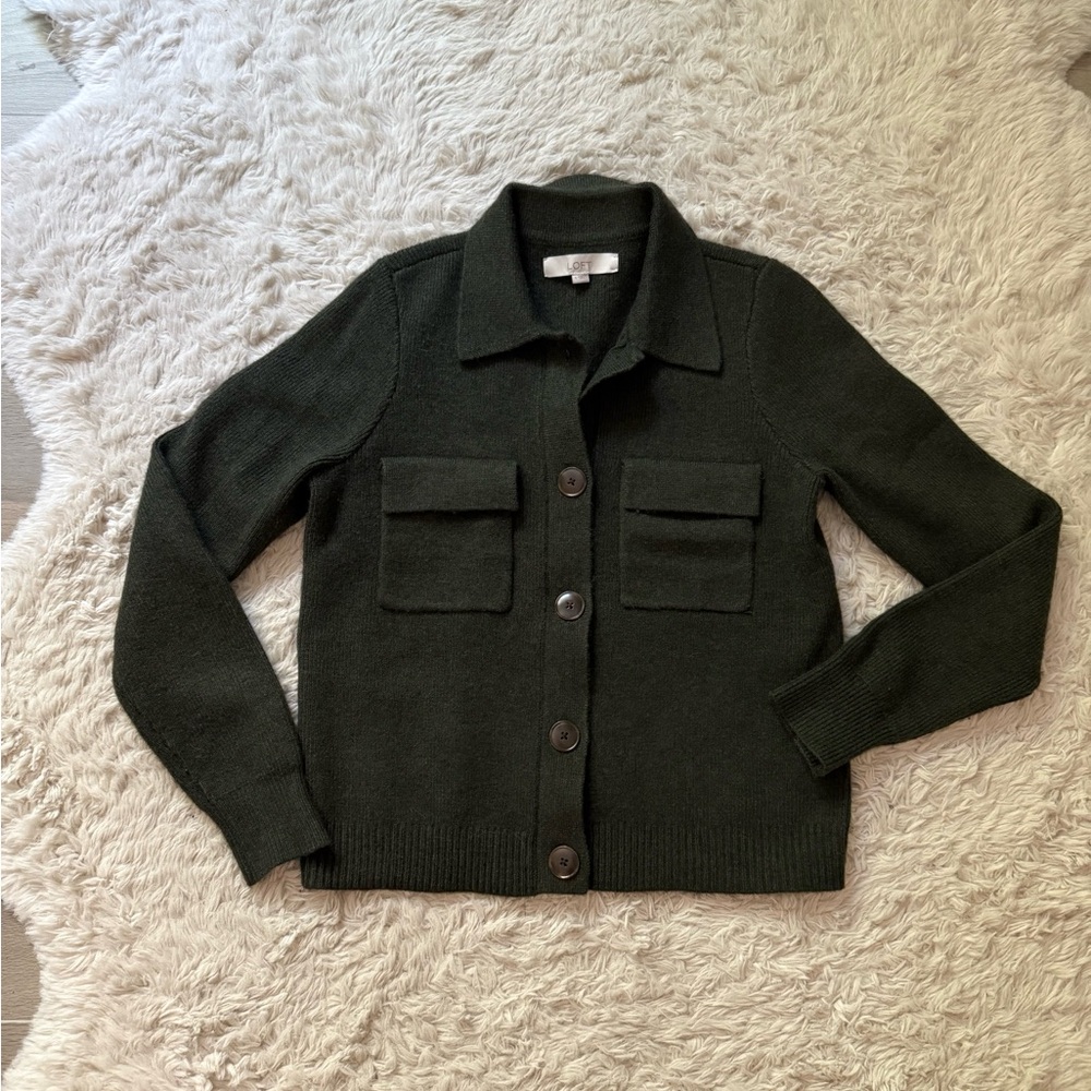 Dark Green Loft Button-Up Cardigan